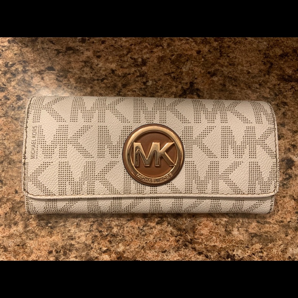 Michael Kors White Logo Continental Wallet with Gold MK Emblem